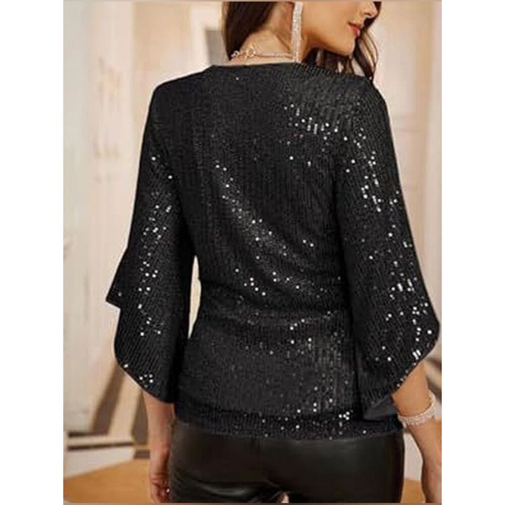 Notations Women's‎ 3/4 Sleeve Black Ruffle Front Sparkle Top Size XL
